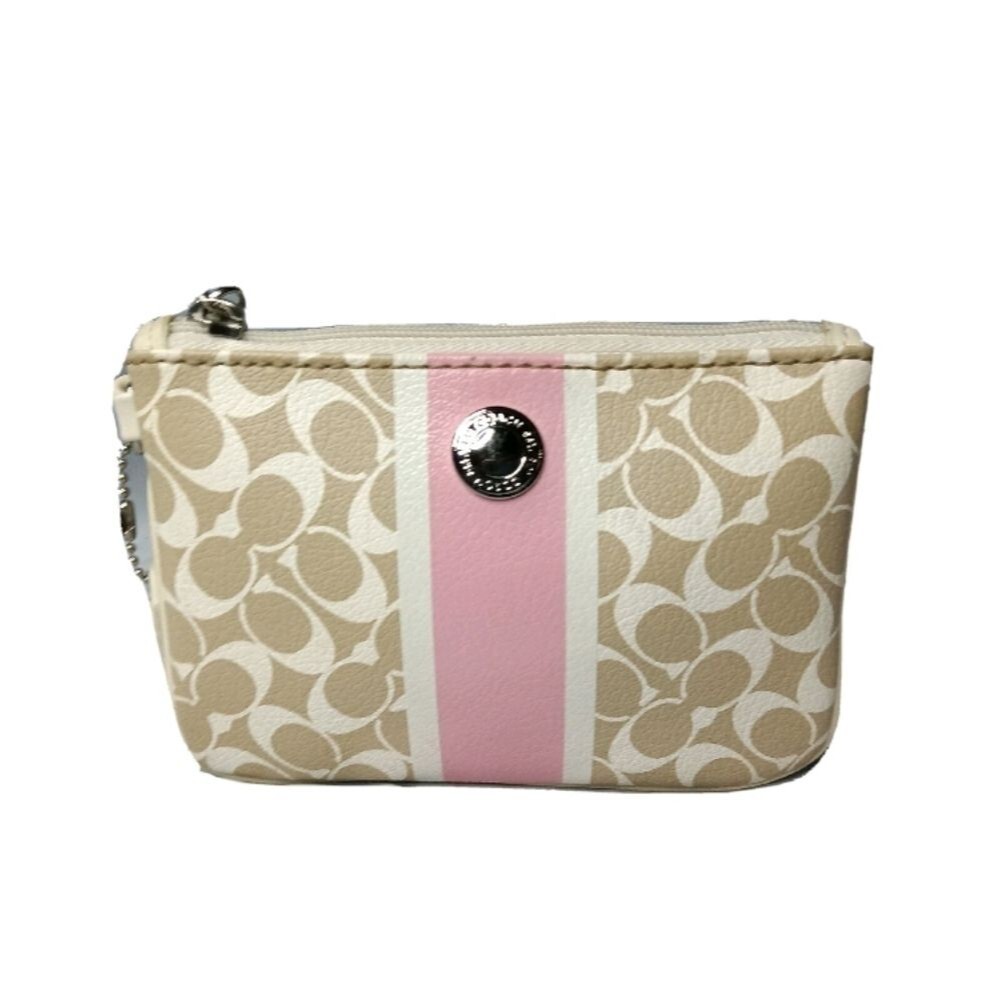 Coach Corner Zip Wristlet Signature Canvas Leather Trim Clutch Purse